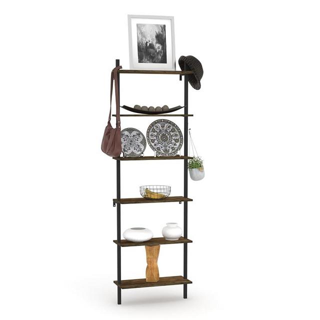 Kiimeey Wall Mounted Bookcase 6-Tier Vintage Open Bookshelf Industrial Tall Shelf with Hooks/Rack(Vintage)