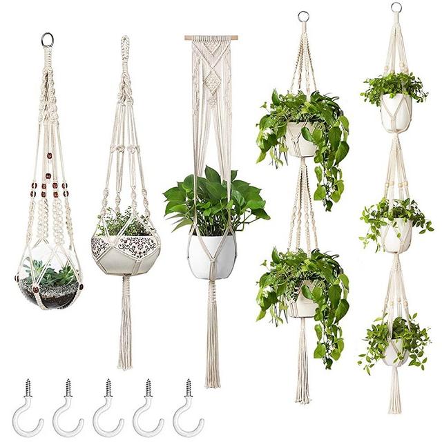 Mkono Macrame Plant Hangers, 5 Pack Different Tiers Indoor Hanging Planters Basket with 5 Hooks Decorative Flower Pots Holder Stand Boho Home Decor
