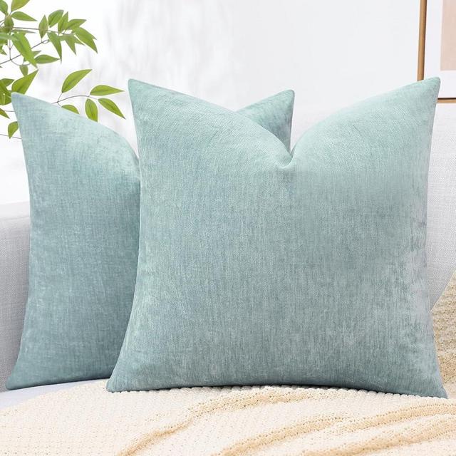 decorUhome Couch Throw Pillow Covers 18x18 Set of 2, Decorative Soft Chenille Solid Dyed Spring Pillow Covers for Sofa Bed Living Room, Aqua Haze