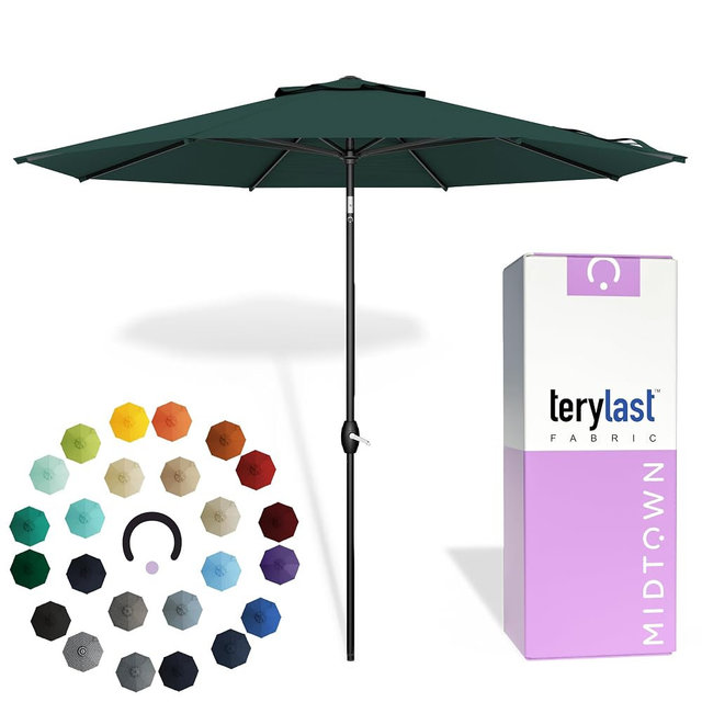 Midtown Umbrellas - 10-Year-No-Fade 9 Ft Patio Umbrella with Terylast Fabric, Auto-Tilt Aluminum Frame and 8 Reinforced Ribs for Deck, Pool, Garden & Beach - Forest Green Canopy, Black Pole