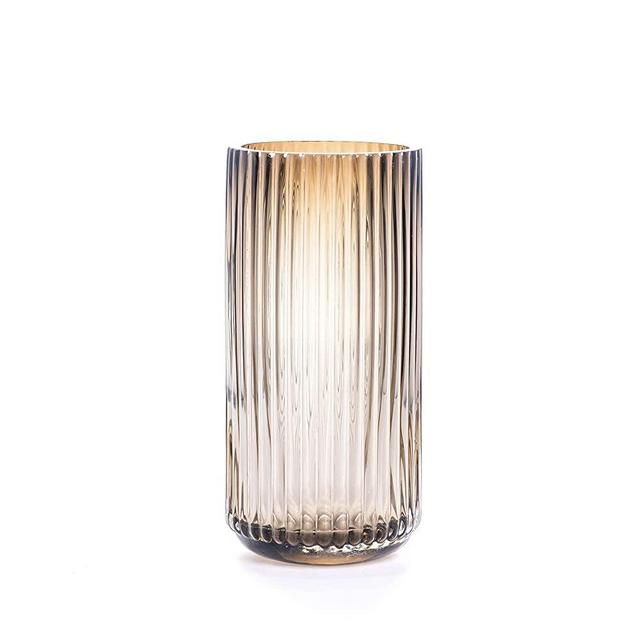 TIMEFOTO Flower Vase 7.5 inch Amber Thickened Hand Blow Glass Vase Round Vintage Striped Bottles for Bookshelf ,Dinner Table,Indoor Office Desktop,Meeting Room,Bathroom,Countertop,Home