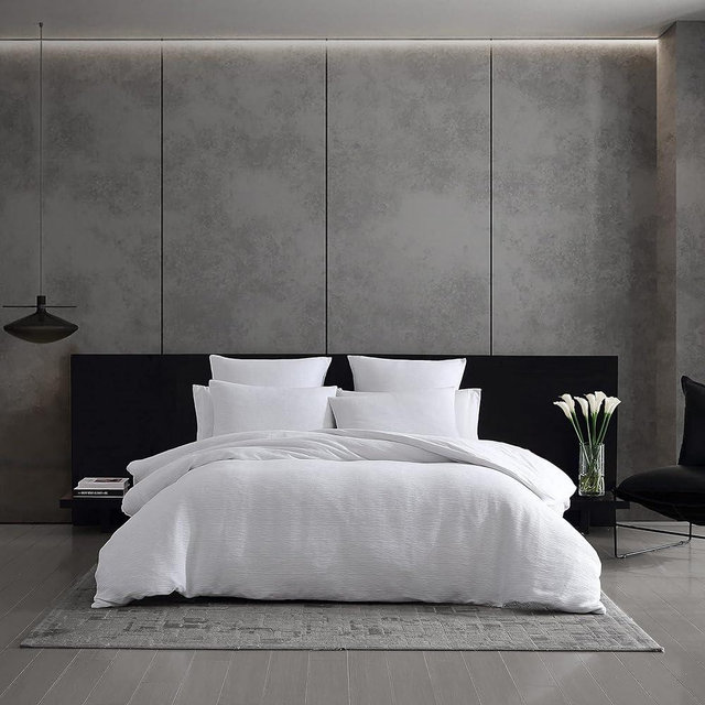 Vera Wang - King Duvet Cover Set, Luxury Cotton Bedding with Button Closure, Includes Matching Shams (Textured Pleats White, King)