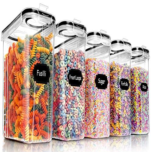 Cereal Pantry Food Storage Containers, PRAKI 5PCS BPA-Free Plastic Canister Set with Lids, Kitchen Organization and Storage, Perfect for Sugar, Flour, Baking Supplies, with Lables & Mark (4L khaki)