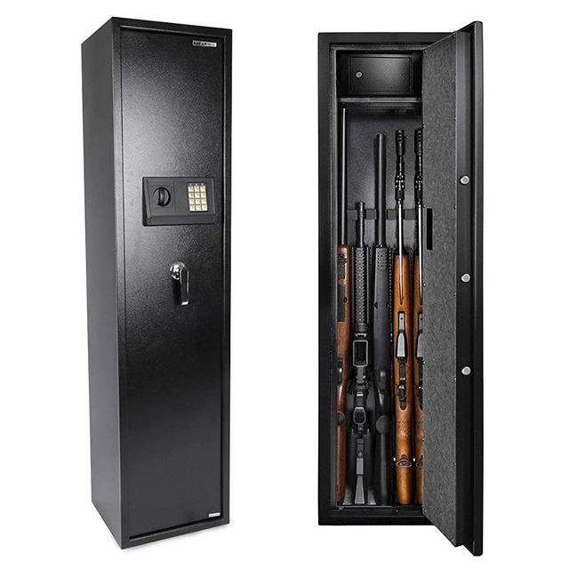 Electronic Rifle Safe with Silent Mode, Quick Access Large Metal Gun Cabinets with 5 Rifle Shelves and Ammo Storage Box for Home| Double Unlock | 3 Layer Lock| Security Alert (Black)