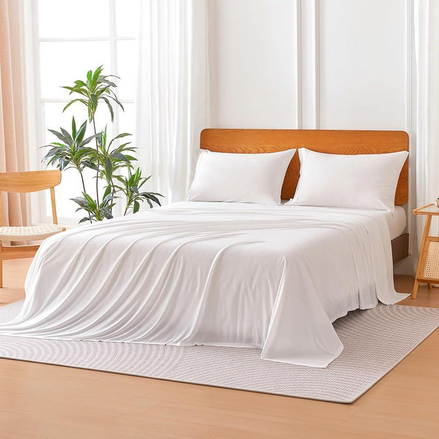 Amazon Basics Jersey Microfiber 4-Piece Sheet Set, Wrinkle Free and Easy Fit, 1 Flat Sheet, 1 Fitted Sheet and 2 Pillowcases, Queen, White