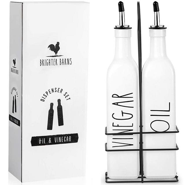 Farmhouse Oil and Vinegar Dispenser Set by Brighter Barns - White Olive Oil Dispenser Bottle with Caddy Holder and Stainless Steel Spout - Cute Modern Vintage Glass Cruet for Kitchen - 500 ml / 17 oz