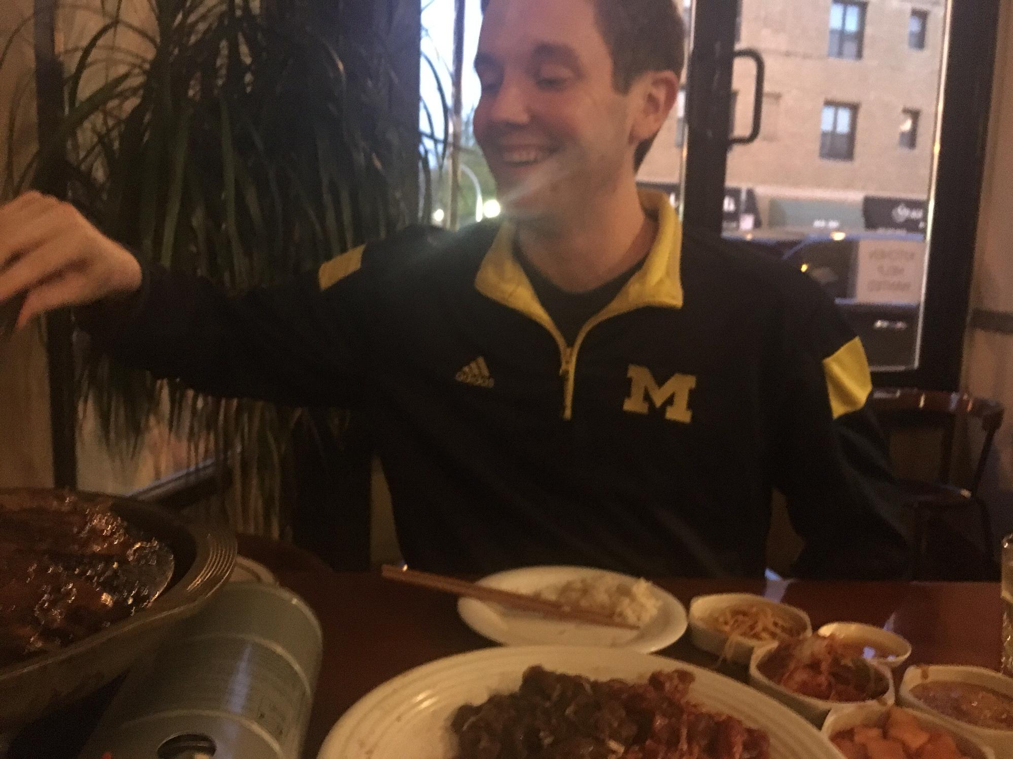 Trevor's first Korean barbecue.
