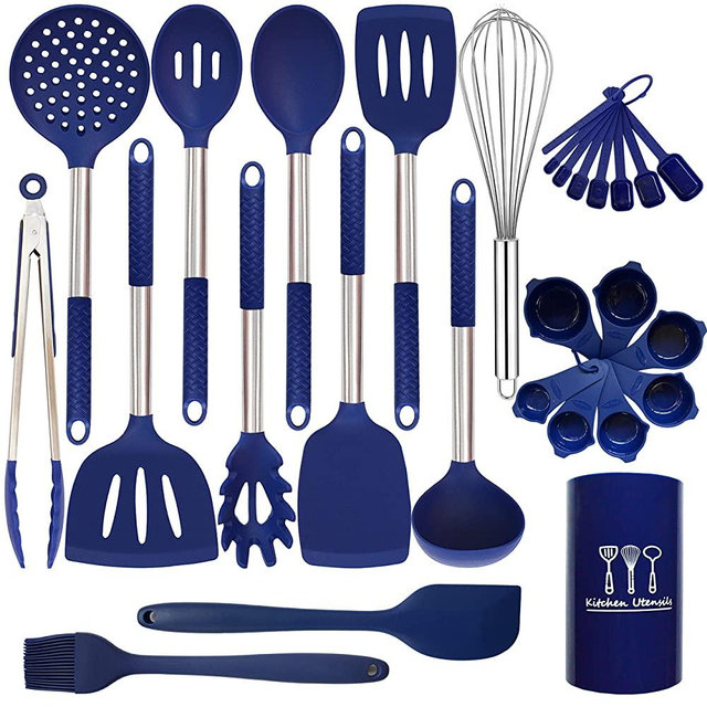 Silicone Kitchen Utensils Set - 28 Pieces Cooking Utensils Set Non-Stick Heat Resistance Silicon with Stainless Steel Handle - Royal Blue