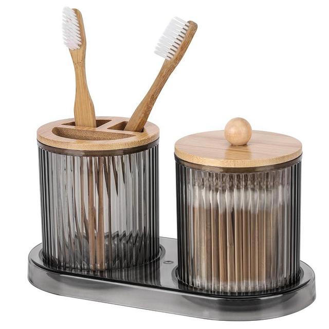 Tbestmax 12oz Qtip Holder with Tray, Bathroom Organizer Accessories Storage Containers, Black Plastic Toothbrush Holder for Restroom Apothecary Jars for Cotton Ball