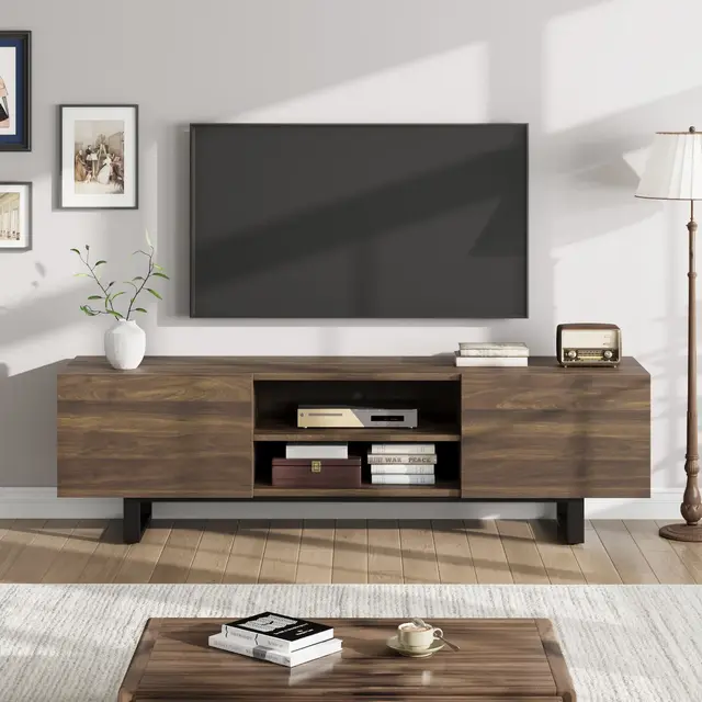 Industrial TV Stand for 80 Inch, Modern Entertainment Center with 2 Drawers, Wooden Cabinet with Heavy Duty Leg and Open Storage for Bedroom, Walnut