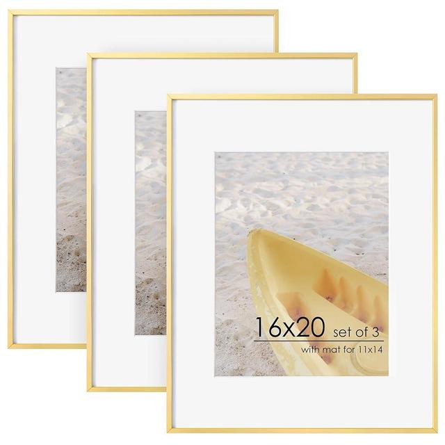 FLYJOE 16x20 Metal Picture Frame For Wall With Mat For 11x14, 16''x20'' Aluminum Photo Frames With Tempered Glass For Home Decor, Minimalist Modern Poster Frame Horizontally Vertically Set of 3, Gold