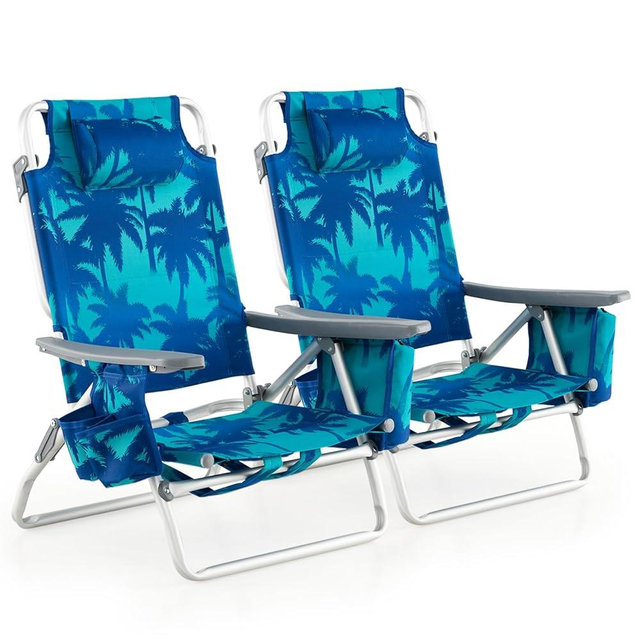 GYMAX Beach Chairs, 2-Pack Backpack Camping Chair with Armrest, Cooler Bag, Cup Holder, Towel Bar & Side Pockets, Sunbath Sling Tanning Lounge, Folding Layout Chair (Without Table, Coconut Tree)