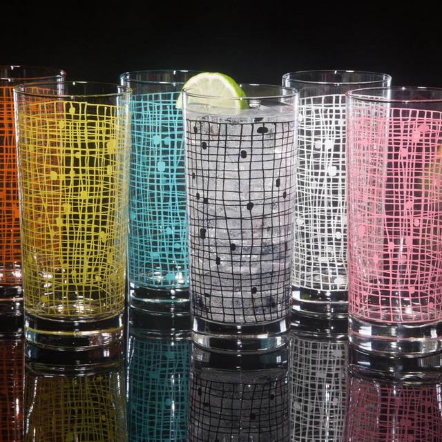 6-Color Collins Set of Basket Weave Drinking Glasses, Dishwasher Safe Cocktail or Water Glasses, Inspired by MCM Vintage Glassware