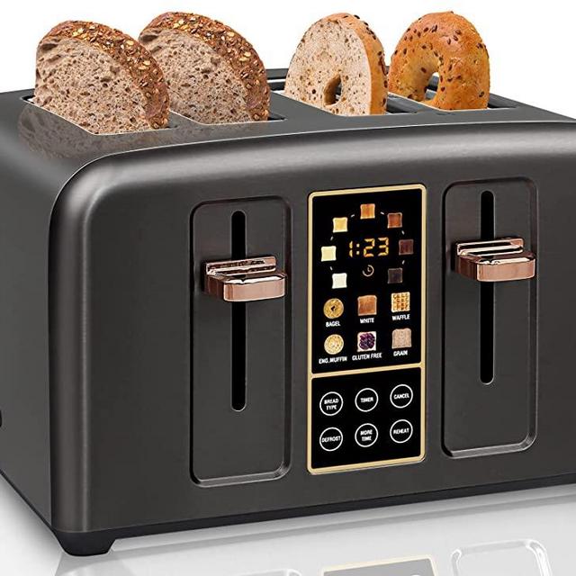 SEEDEEM Toaster 4 Slice, Stainless Steel Bread Toaster with LCD Display and Touch Buttons, 6 Bread Selection, 7 Shade Settings, 1.5''Extra Wide Slots Toaster with Cancel/Defrost/Reheat, Removable Crumb Tray, 1800W, Dark Metallic