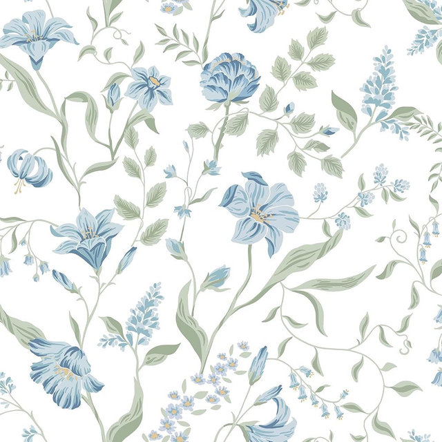 Blue Floral Wallpaper Peel and Stick Wallpaper Flower and Leaf Contact Paper Modern Removable Self Adhesive Waterproof Wall Paper for Bathroom Bedroom Laundry Room Cabinets Decor Vinyl 17.3"×197"