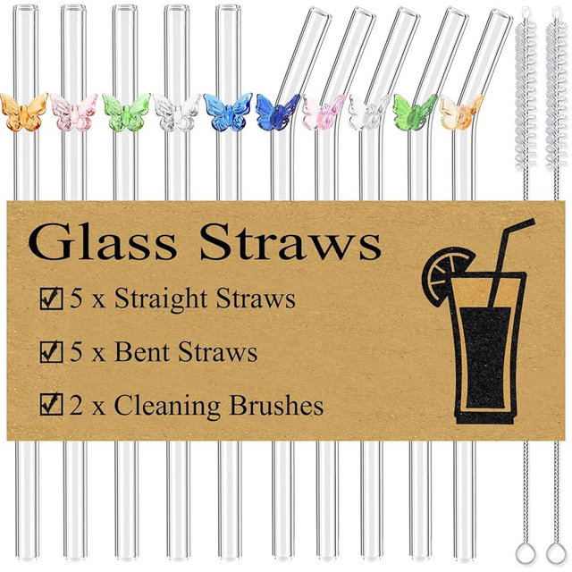 10 Pack Reusable Glass Straws Set, Clear Glass Drinking Straws, 8.5''x10MM, Creative and Cute Butterfly Straw with Cleaning Brush, Perfect for Smoothies, Milkshakes, Juice, Tea, Milk