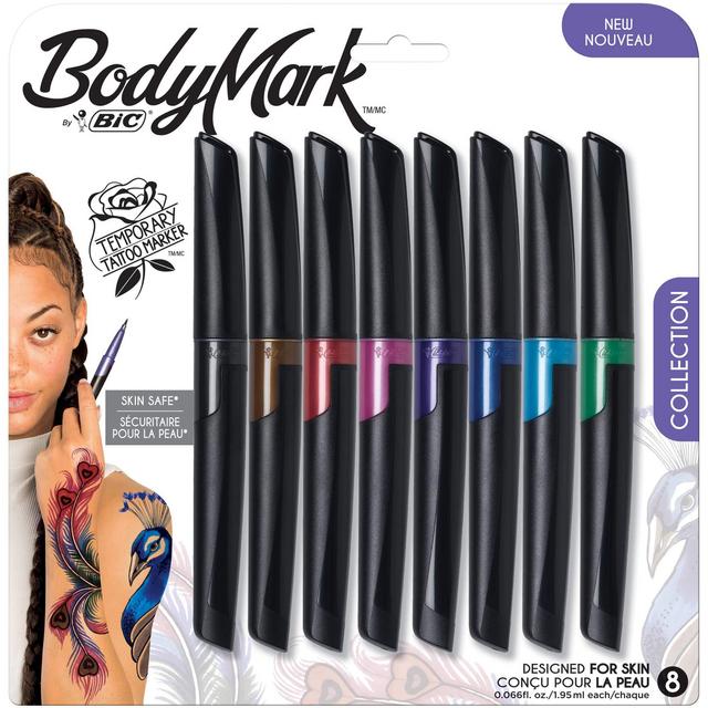 BodyMark by BIC, Temporary Tattoo Marker, Skin Safe, Flexible Brush Tip, Long-Lasting, Assorted Colors, 8-Pack