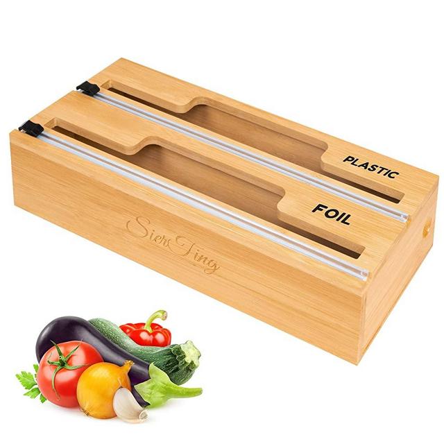 Bamboo Wood Wrap Dispenser with Cutter 2 in 1 | Aluminum Foil, Plastic Wrap and Wax Paper Dispenser for Kitchen Drawer | Cling Food Wrap Organization and Storage for Cabinet-Compatible with 12" Roll