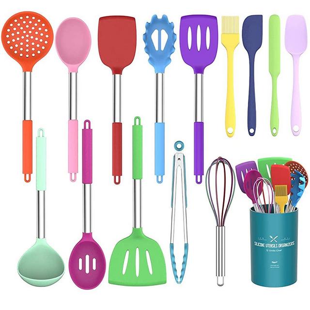 Umite Chef Kitchen Utensils Set, 15 pcs Silicone Cooking Kitchen Utensils Set, Heat Resistant Non-stick BPA-Free Silicone Stainless Steel Handle Turner Spatula Spoon Tongs Whisk Cookware - Colorful