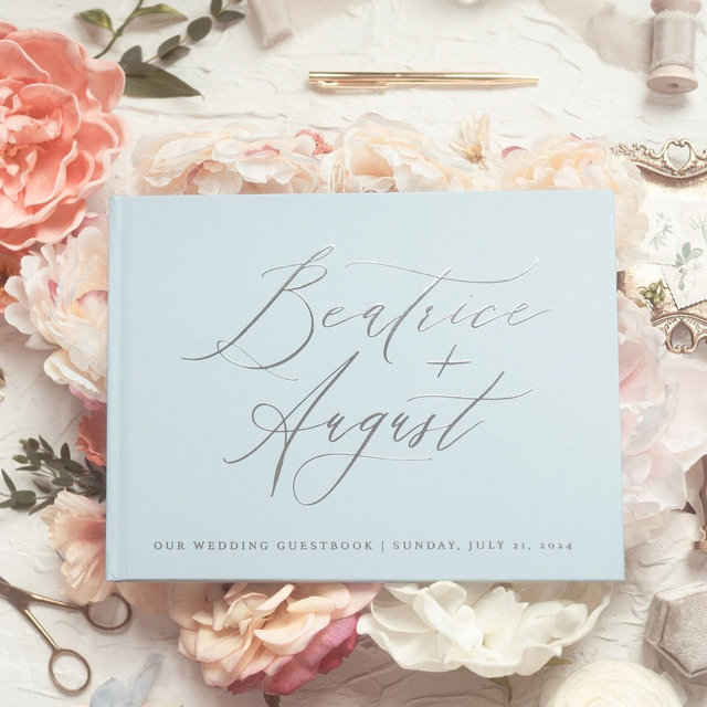 Dusty Blue Wedding Guest Book, Wedding Hardcover Photo Album, Silver Foil, Modern Wedding, Anniversary Album, Sign In Book - Beatrice