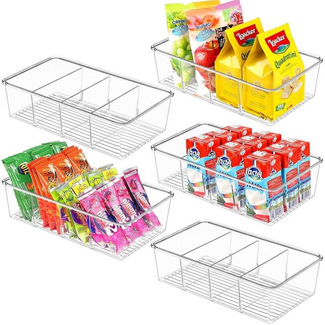 5 Pack Food Storage Organizer Bins – ZIZOTI Clear Plastic Removable Snack Organizer Pantry Organization Storage Racks with 3 Dividers, Perfect for Snacks, Packets, Spices, Pouches Stackable Fridge Organizers for Freezer, Kitchen, Cabinets