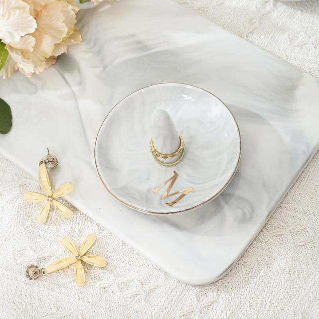 oskas Engagement Gift Marble Ring Dish Holder with Personalized Initials Monogrammed,Decorative Trinket Jewelry Tray,4 Inch,Ceramic（M）