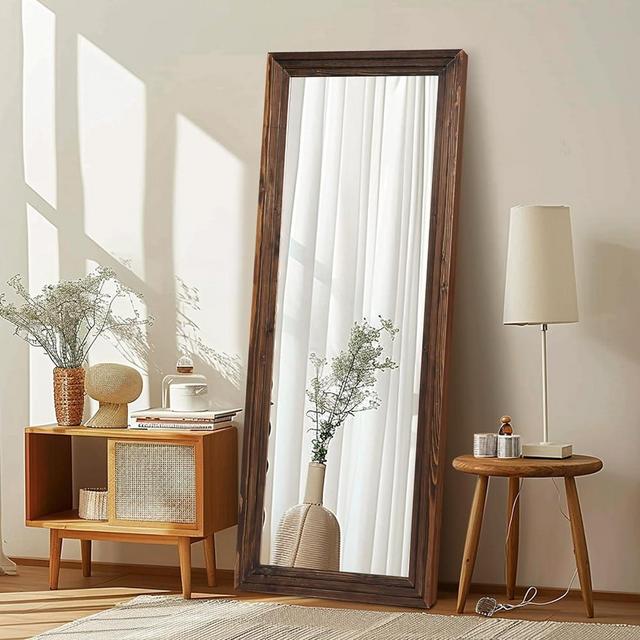 ABSWHLM Full Length Mirror 65"x24" with Stand Solid Wood Frame Floor Large Mirror for Living Room, Bedroom Hanging Standing or Leaning Wall-Mounted, Brown