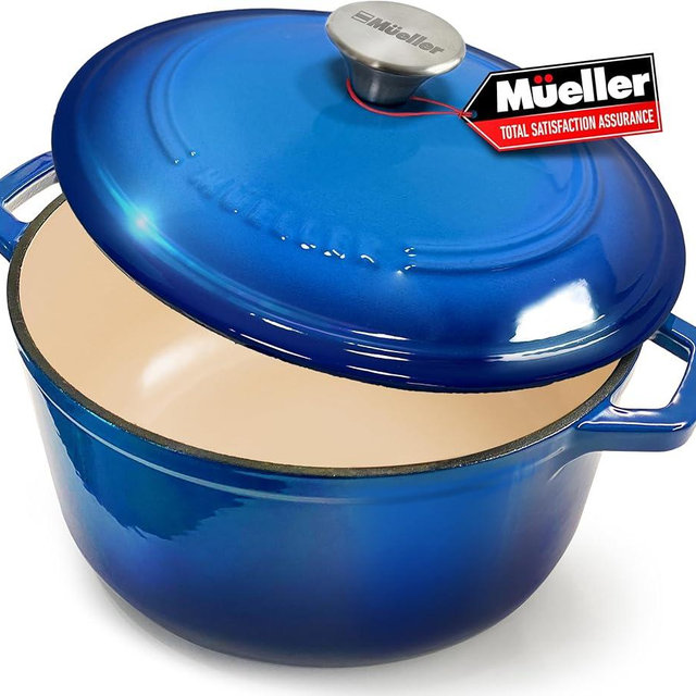 MÜELLERHOME 7.5 QT Enameled Cast Iron Dutch Oven, Heavy-Duty Casserole Dish and Braiser Pan with Lid and Stainless Knob, Safe for All Cooktops, Aqua Blue