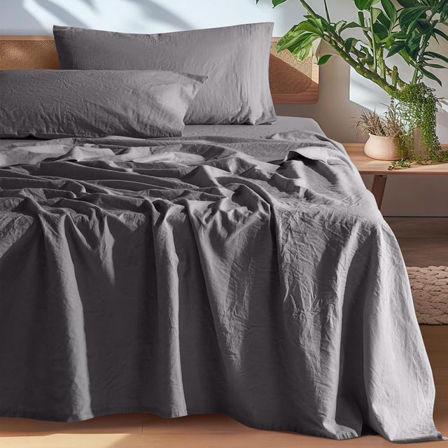 SONORO KATE 100% French Pure Linen Sheets, Breathable and Durable Line Queen Size Sheets, Anti-Tear Line Bed Sheets, Machine Washable, 16 Inch Deep Pocket - 4 Piece (Dark Grey, Queen)
