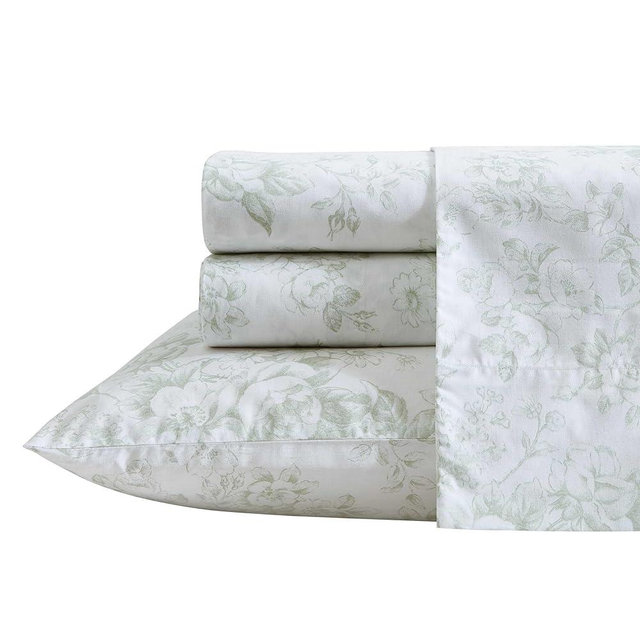 Laura Ashley - Full Bed Sheets, Cotton Percale Bedding Set, Floral Print, Dorm Essentials (Toile Delight Green)