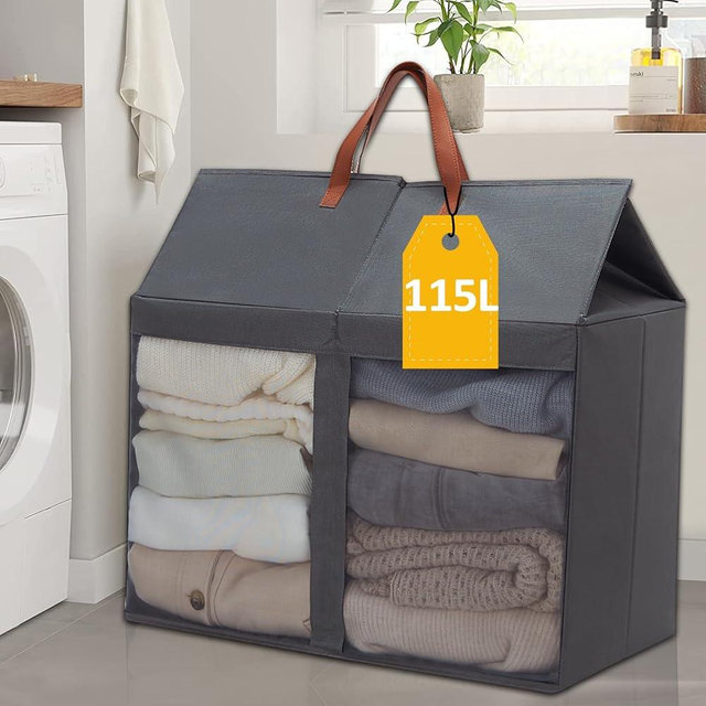 Edergoo Laundry Hamper 115L, Large Collapsible Laundry Baskets, Double Laundry Hamper with Lid, Oxford Laundry Lasket with PU Handle, Laundry Hamper 2 Section Dirty Clothes Hampers for Laundry, Grey