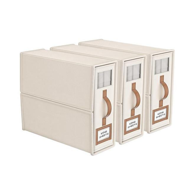 BigPonPon 3-Pack Foldable Bed Sheets Set Organizers and Storage(King & Queen Size),Linen Fabric Closet Organizers with Window,Folding Bedding Storage Box for Bedsheets and Pillow Cube Organizer,Beige