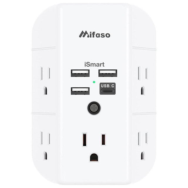 Wall Outlet Extender with USB Ports Outlet Splitter Surge Protector USB Wall Charger with 5 Outlet Extender and 3 USB Ports 1 USB C Outlet 3-Sided Power Strip Multi Plug Outlets