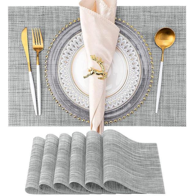 Placemats Set of 6 Washable Indoor/Outdoor Vinyl Place Mats for Dining Table Durable Non-Slip Heat Resistant PVC Weave Table Mats（Gray）