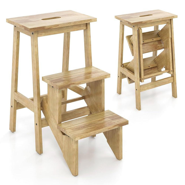 Costzon Folding 3 Step Stool, 3 in 1 Wooden Step Ladder with Handle, Non-Slip Pedal, Multifunctional Storage Shelf, Flower Rack for Kitchen, Library, Garage, Foldable Step Stool for Adults Kids