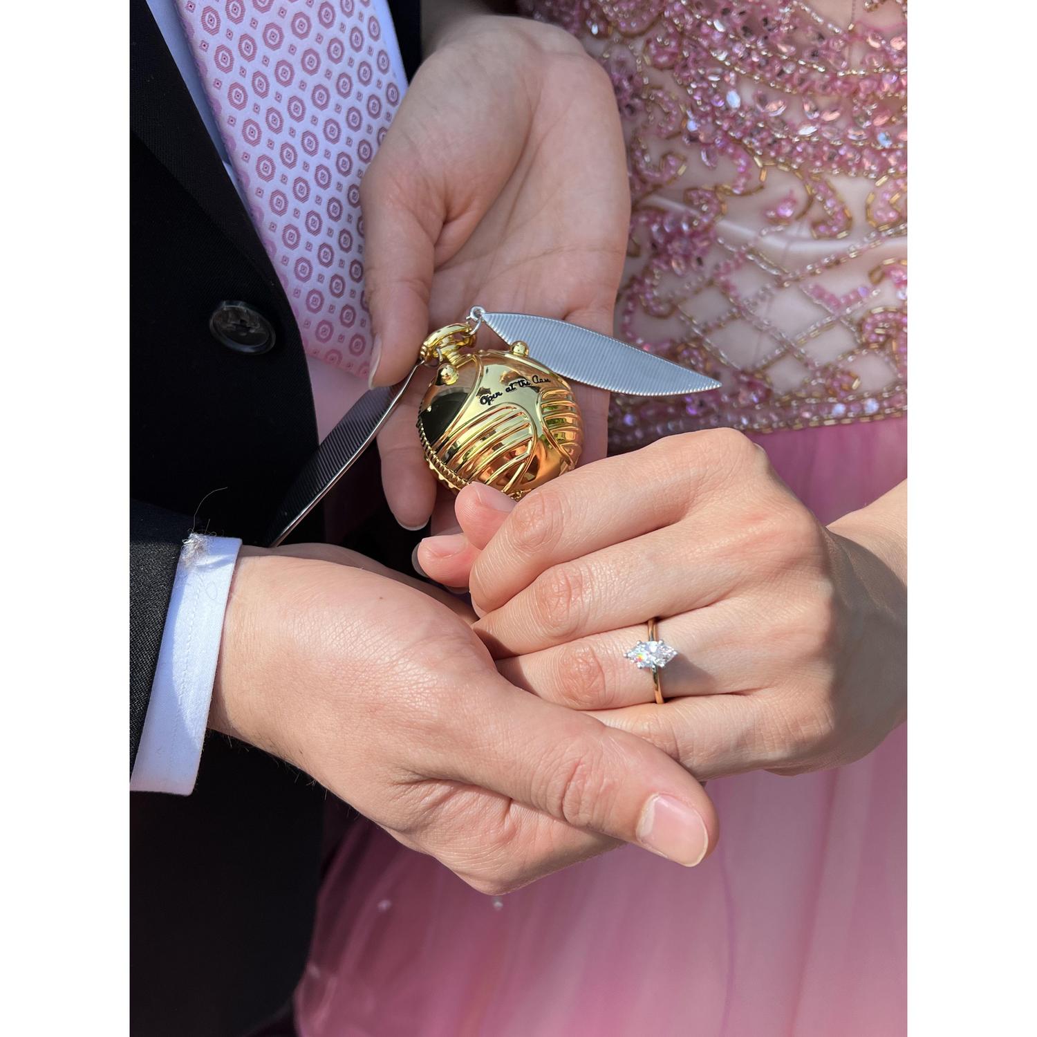 Rebecca's sister shared this with Chris when Rebecca first visited Canada. Chris said he bought it right away and prepared for the perfect proposal. Seven months later, he caught his golden snitch.
