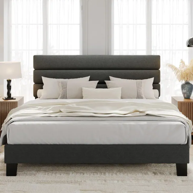 Queen Bed Frame with Adjustable Headboard, Linen Fabric Upholstered, Heavy Duty Mattress Foundation, No Box Spring Needed, Grey
