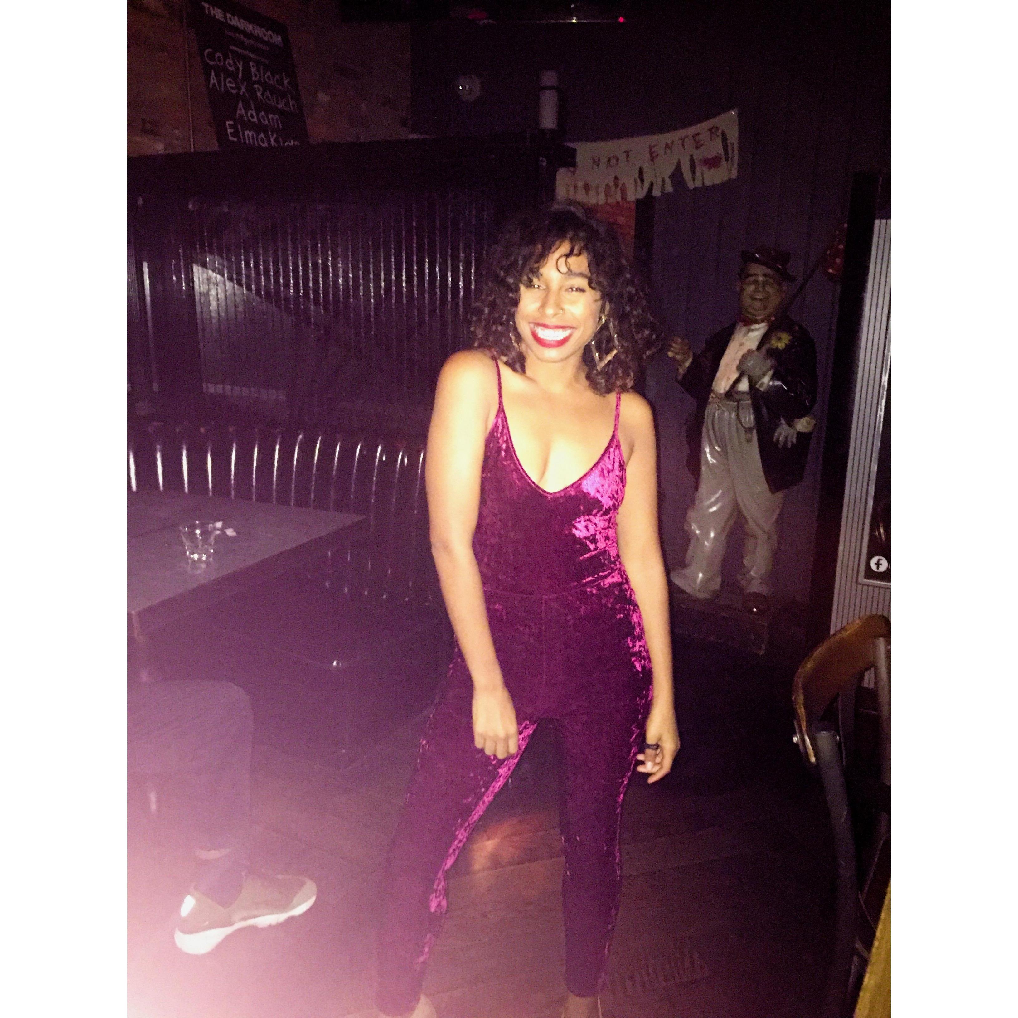 The magenta crushed velvet jumpsuit. 
Also our first pic together - check the bottom left corner.
