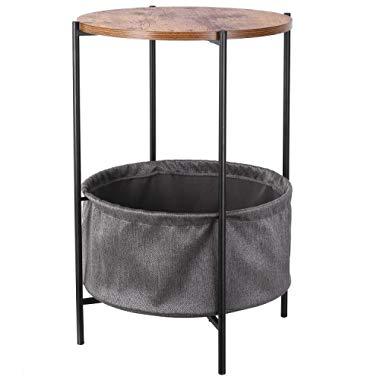 HOMFA Vintage Round End Side Table with Storage Basket Industrial Coffee Table Night Stand Wood Look Accent Furniture with Metal Frame