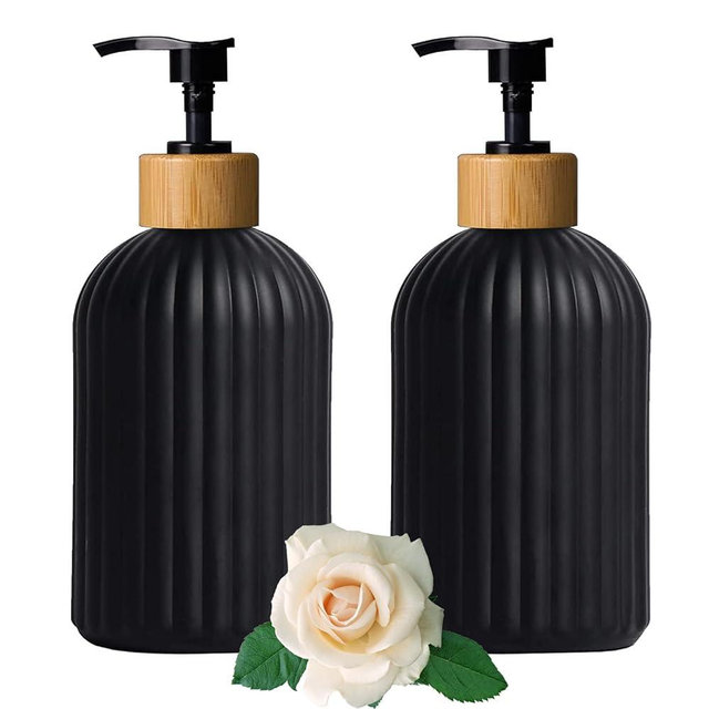 Black Glass Soap Dispenser Set with Bamboo Pump, 13.5oz Refillable Liquid Hand Soap Dispenser, Lotion Dish Soap Dispenser for Modern Home Decor, Bathroom, Kitchen Countertop, Hotel(2 Pack)