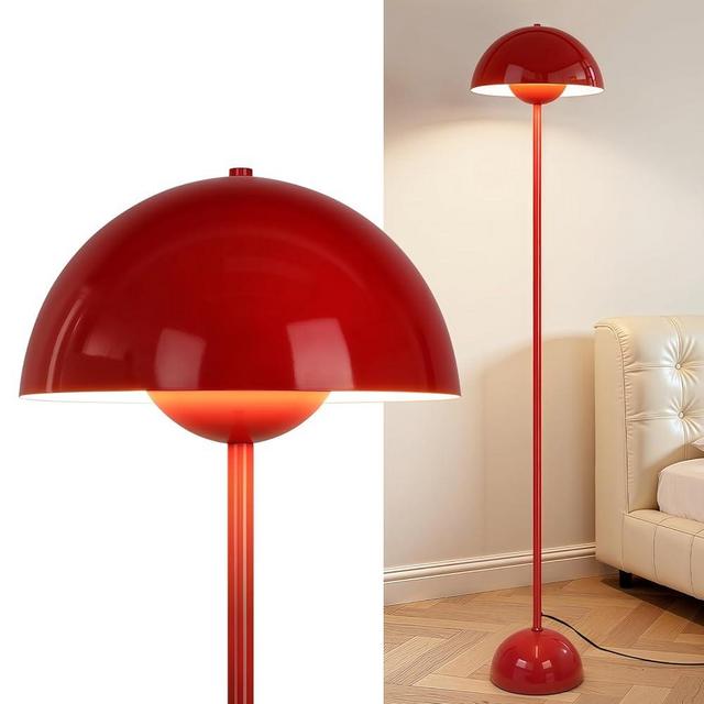 Coucrek Red Floor Lamp for Living Room, 66'' Industrial Standing Lamp with Red Metal Shade&Base Reflecting Light Tall Lamp for Bedroom, Dark Red