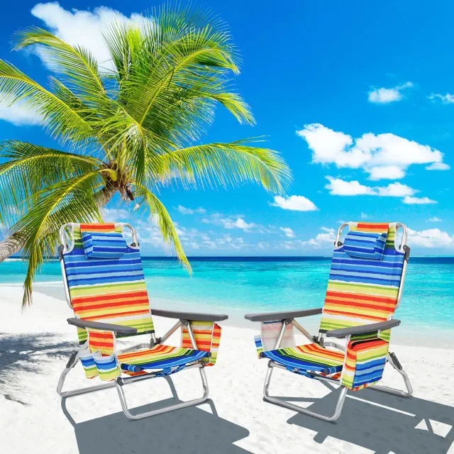 Costway 2-Pack Folding Backpack Beach Chair 5-Position Outdoor Reclining Chairs with Pillow Yellow