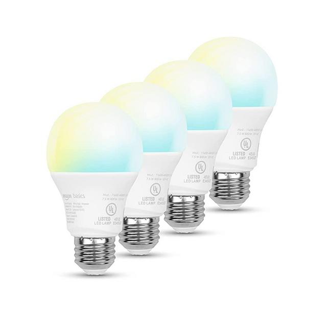 Amazon Basics Smart A19 LED Light Bulb, Tunable White, 2.4 GHz Wi-Fi, 60W Equivalent 800LM, Works with Alexa Only, 4-Pack, Certified for Humans