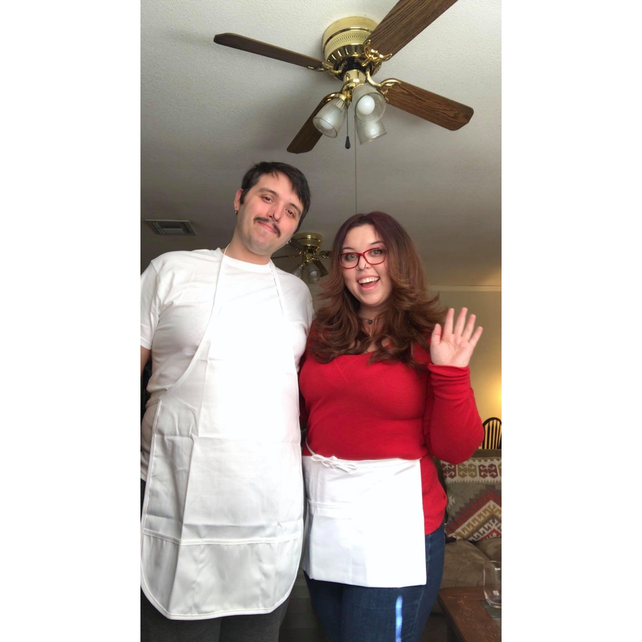 Halloween 2021 as Bob and Linda from Bob's Burgers. We always say our future family dynamic is going to be just like them HA!