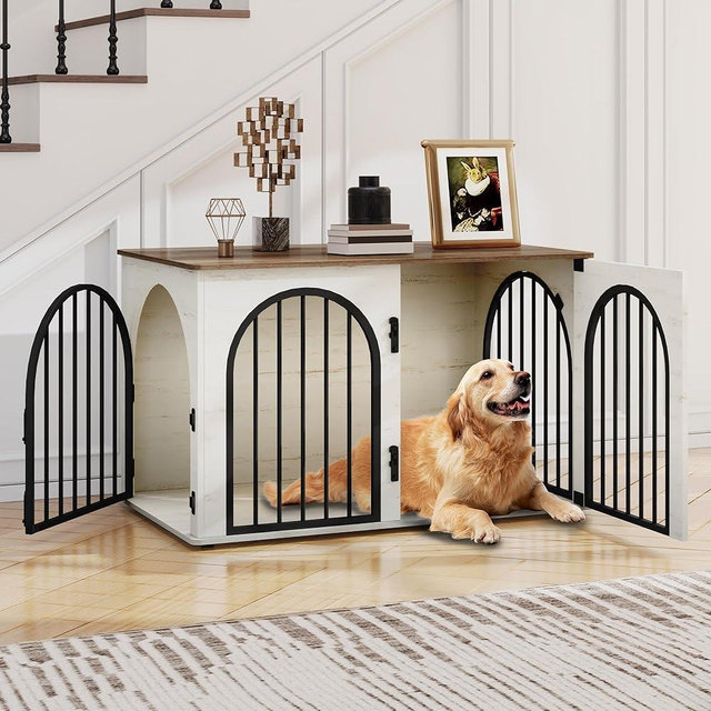 Hzuaneri 44.1'' Dog Crate Furniture, Dog Kennel Indoor Arched Door Design, 3 Door Wooden Dog Crate Furniture for Small/Medium/Large Dog, Side Table, TV Stand, Anti-Chew, Anti-Escape, White Brown