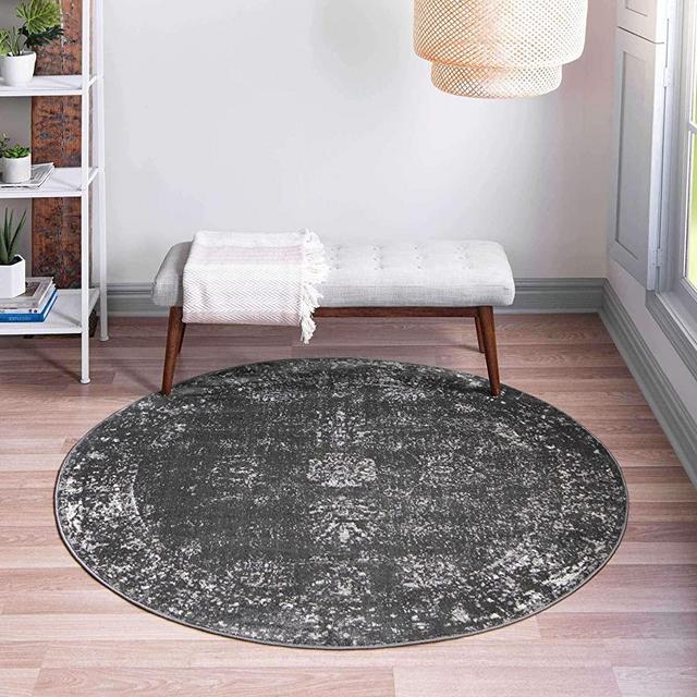 Unique Loom Sofia Collection Area Traditional Vintage Rug, French Inspired Perfect for All Home Décor, 5' 0 x 5' 0 Round, Dark Gray/Ivory