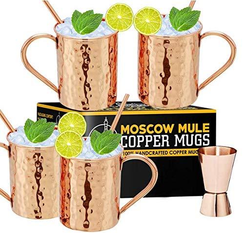 Moscow Mule Copper Mugs - Set of 4, 100% Handcrafted Pure Solid 16 oz Copper Mugs - Gift Set With Cocktail Copper Straws and Jigger