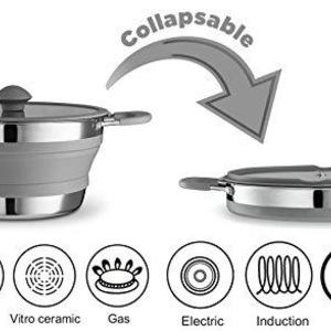 Gourmia Collapsible Pot – Stainless Steel, Silicone and Glass Lid – For Gas and Electric Stove Cooking – Great for Outdoors, Hiking, Camping, Traveling - BPA Free