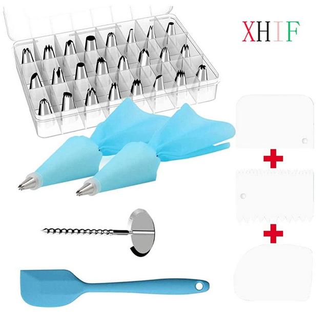 XHIF Piping Bags and Tips Cake Decorating Kits Supplies with 24 Stainless Steel Baking Supplies Icing Tips,2 converters & Reusable Silicone Pastry Bags,4 Icing Smoother,1 Couplers for Baking Cake