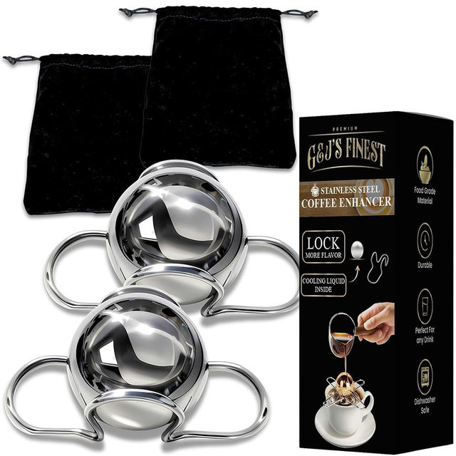 2Pk XL Frozen Coffee/Espresso Ball | Extract Chilling Tool with Stand & Pouch- 2.6x BIGGER (2.2"/55mm) Stainless Steel Chiller Ball/Ice for Better Tasting Espresso/Iced Coffee (NOT SOLID STEEL) (2)
